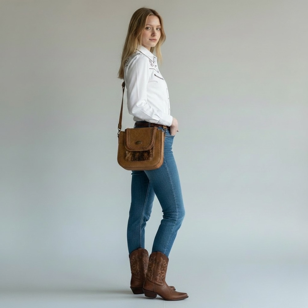 Trinity Ranch Western Cowhide Crossbody Bag Brown Studded Concealed Carry Purse